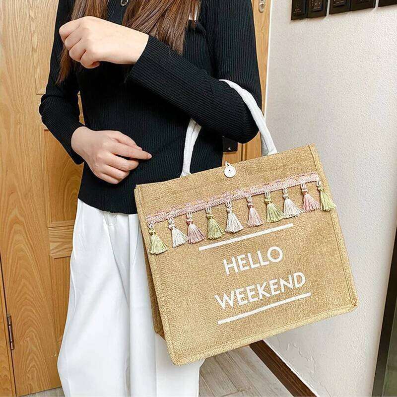 Women Beach Bags Handbags Large Capacity Lady Tassel Shoulder Big Letter Linen Totes Casual Girls Travel Shopping Bag XJ260130