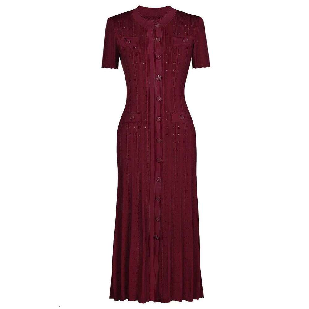 Three Color High-quality New Fashionable Elastic Knitted Hollow Round Neck Single Breasted Short Sleeved Slim Fit Women's Dress XJ260131