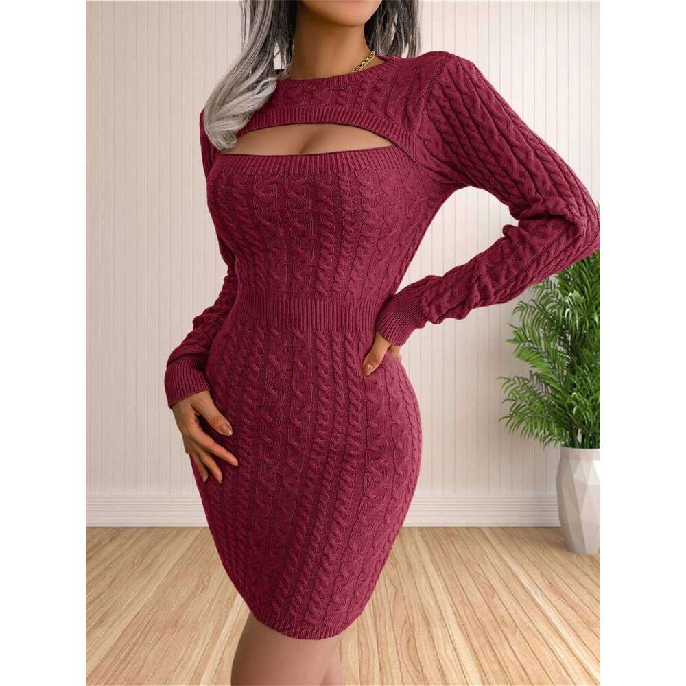 Women's Sexy Backless Cable Knit Sweater Dress Long Sleeve Bodycon Midi Dresses for Fall Winter XJ260131
