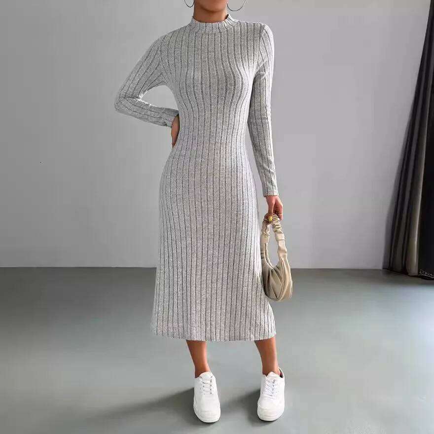 Women's 2024 autumn new casual mid length dress, European and American slim fit solid color knitted long sleeved dress XJ260131