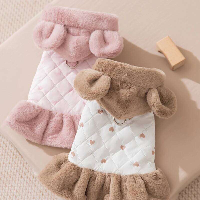 Sweet Heart Print Winter Teddy Cotton Dress Warm Hoodie Plush Thickened Dog Clothes Pet Supplies H260130