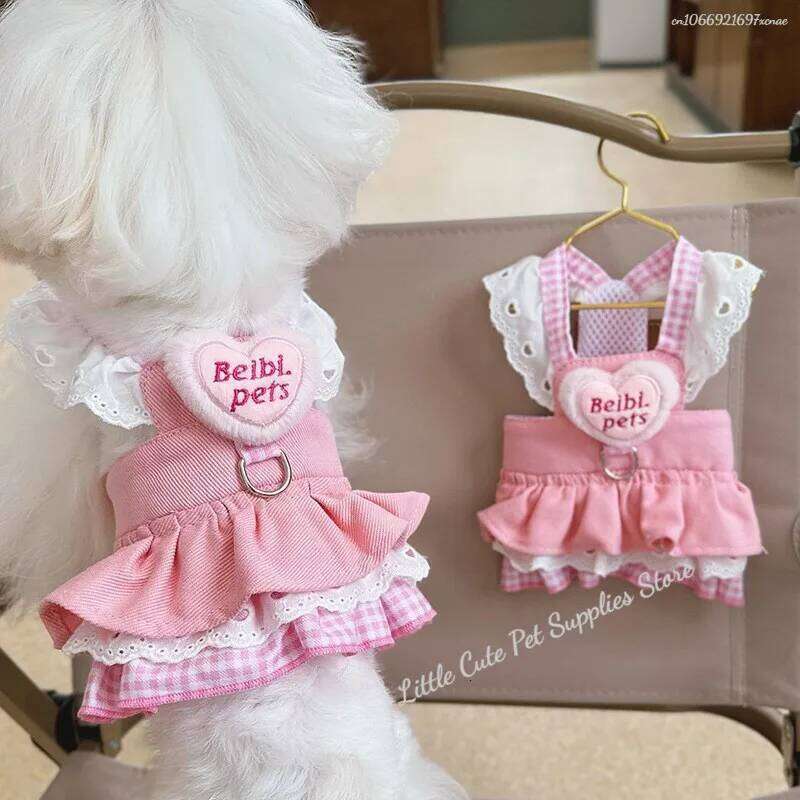 Cute Pet Love Lace Denim Traction Puppy Dresses Thin Princess Skirt Dog Chest and Back Clothes Breathable H260129