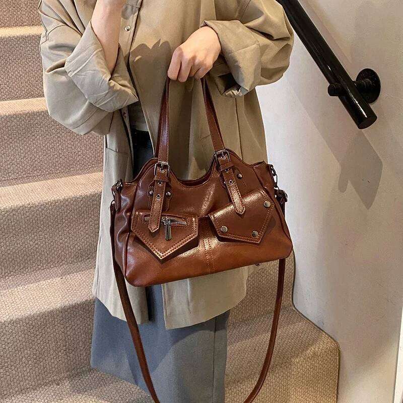 European American Motorcyle Style 2024 Autumn And Winter Fashion Retro Handbag Tote Crossbody Shoulder Bag Big XJ260130