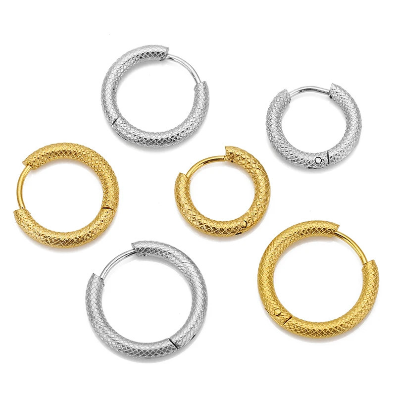 6pcs 10/12/14mm Stainless Steel Gold Color Round Ear Rings Grid Texture Hoop Earrings for Female Jewelry Accessories 260126
