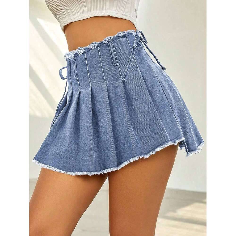 Y2K Preppy Vintage Frayed Edge Press Pleated Bow Tie Side Denim Mini Wrap Skirt XJ260131