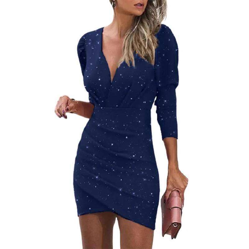 6-Color V-Neck Long Sleeved Slim Women's Solid Color Pleated Sexy Dresses Lady Spring Autumn Birthday Party Mini Dress XJ260131