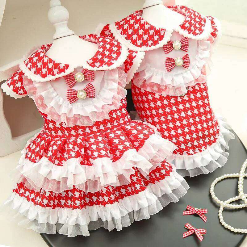 Cute Bow Summer Princess Dog Cat Houndstooth Traction Lace Stitching Dress Pet Clothes XS-4XL Size H260129