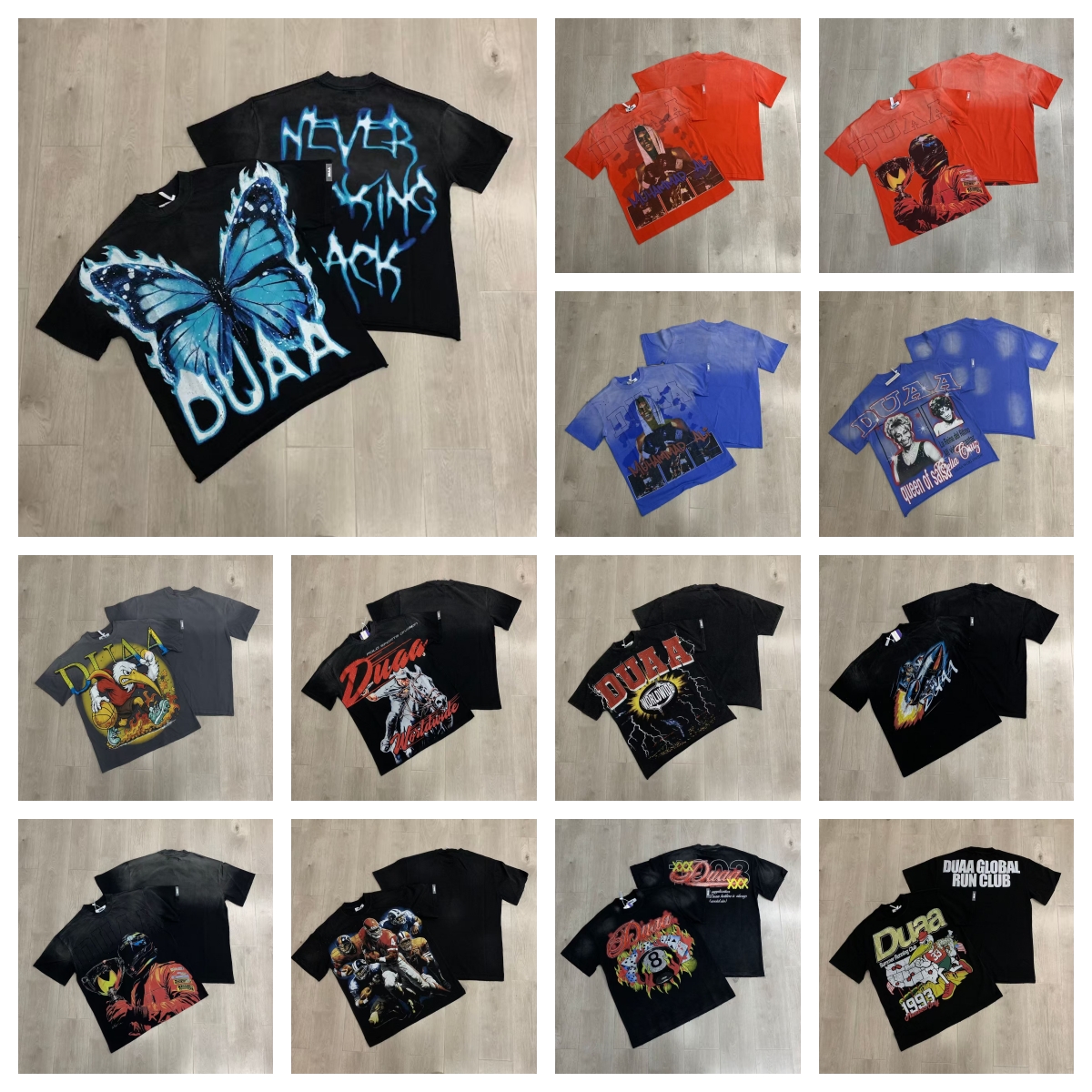 Duaa shirt Designer Duaa Risk SS shirt Men's shirtWhite Ink Direct Printing with Rhinestones Weathered Washed Short Sleeve shirt