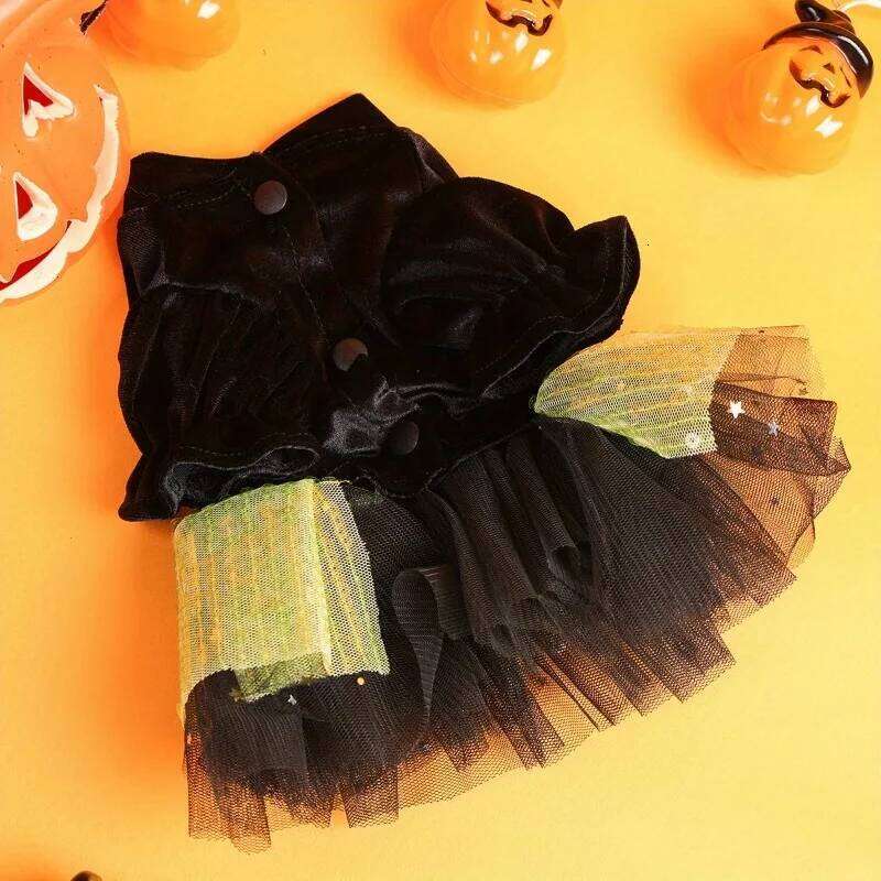 Cute Halloween Gauze Pet Clothes Dog Cat Black Thickened Thermal Funny Green Splicing Open Button Dress H260130
