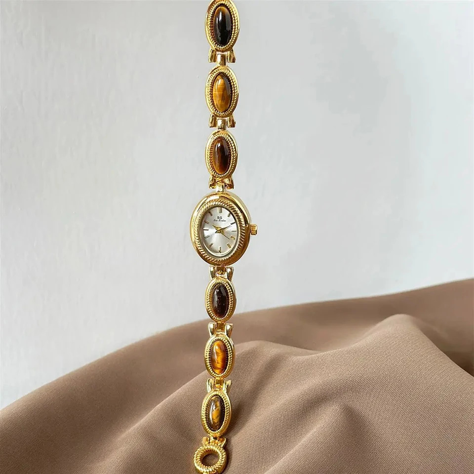 Womens Gold Watch Vintage Brown Jade Bracelet Small Dial Quartz Daily Wear Party Clock Waterproof Ladies Watches Gifts 260126