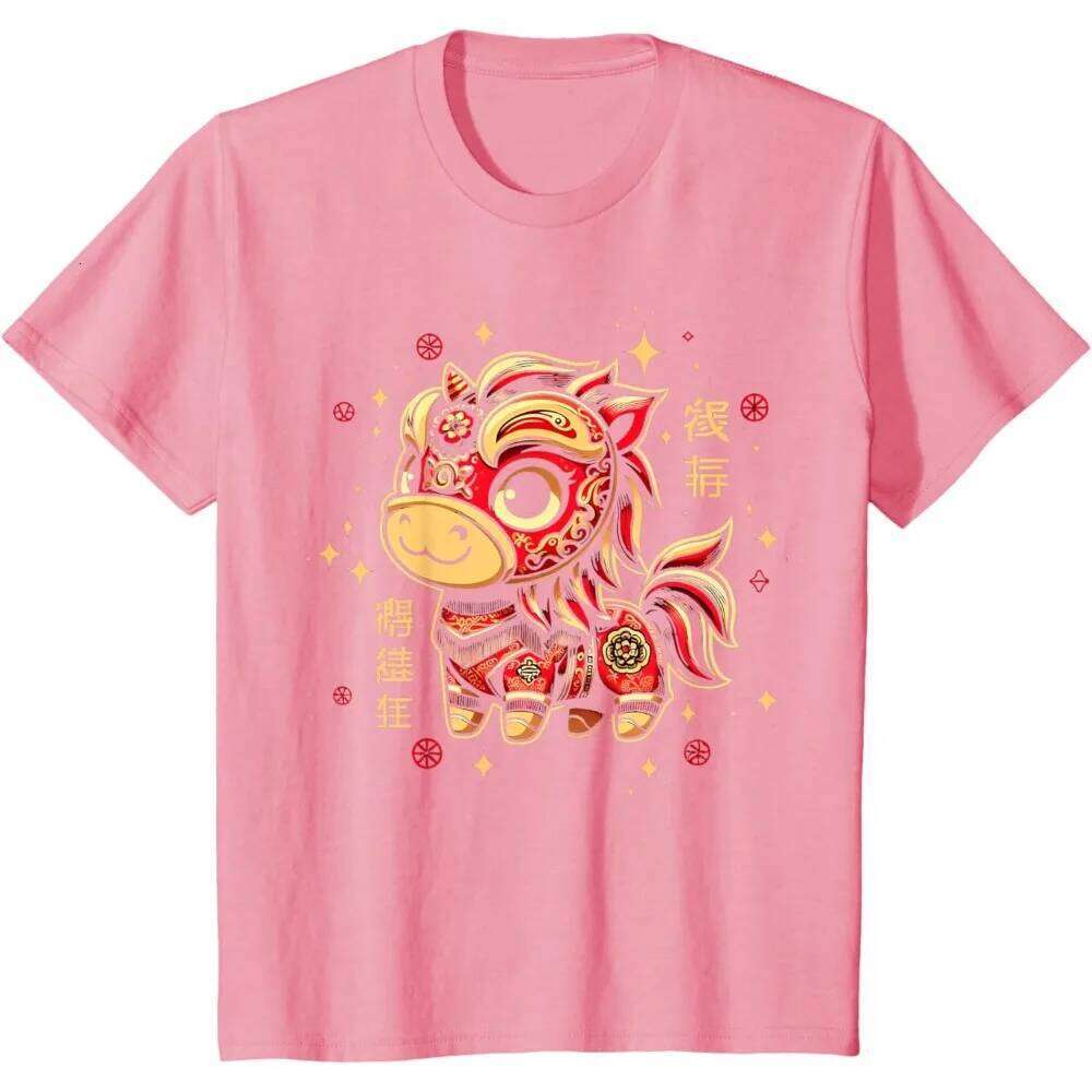 Lion Dance of The Chinese New Year Zodiac T-Shirt Men Cute Cartoonish Red Horse Graphic Clothes C260131