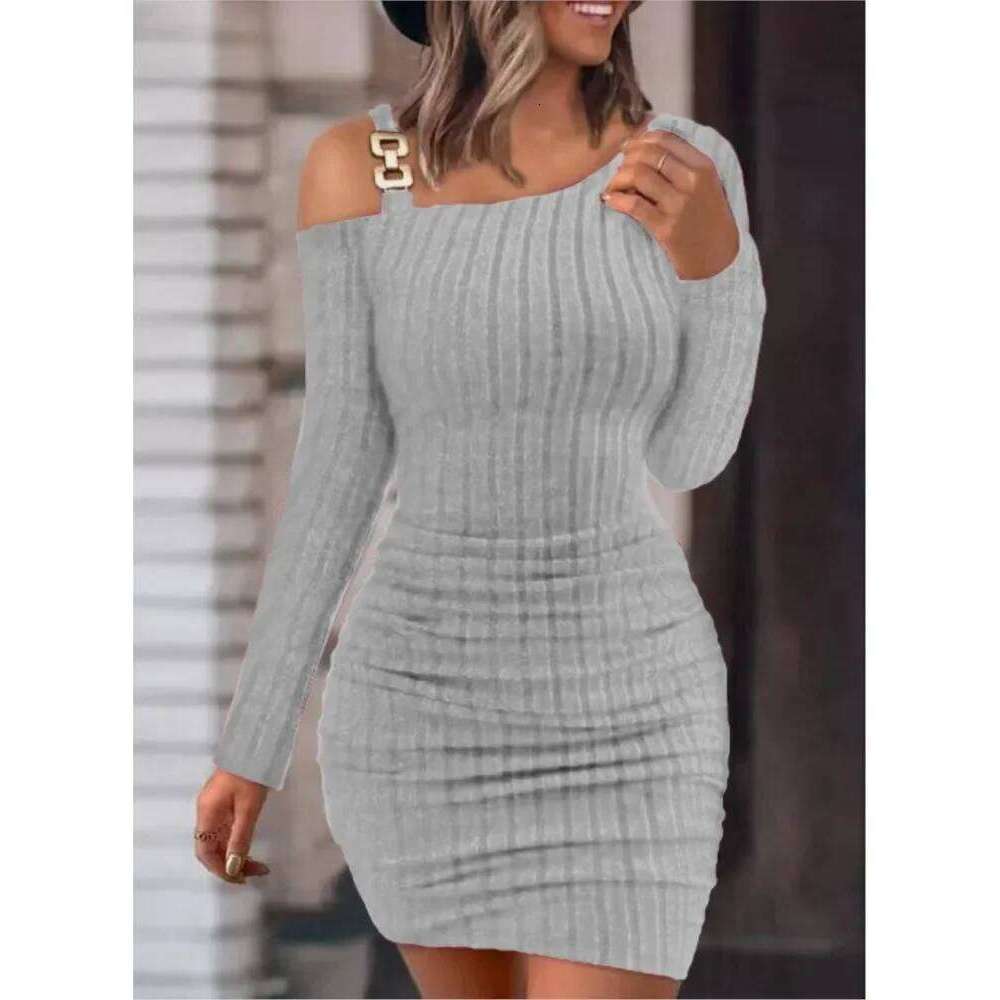 Autumn Winter New Solid Button Oblique Off Shoulder Tight Wrap Hip Slim Sexy Long Sleeve Mini Dress Women Clothing XJ260131