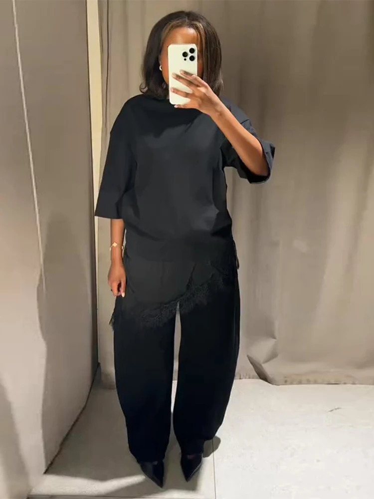 Lace Spliced Irregular Top Women Loose O-neck Half Sleeve White Black T-shirts Female 2026 Fashion Lady All-match Chic Tops 260120