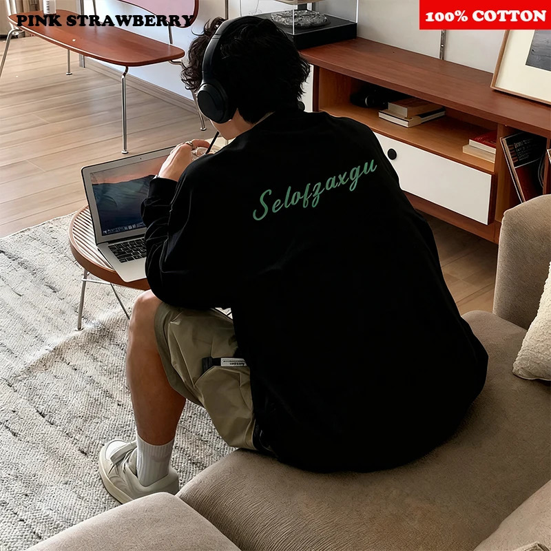 American Letter White T-shirt Men Autumn Winter 100 Cotton Long sleeves Sport Gym T-shirt Loose Y2k Top men clothing 260118