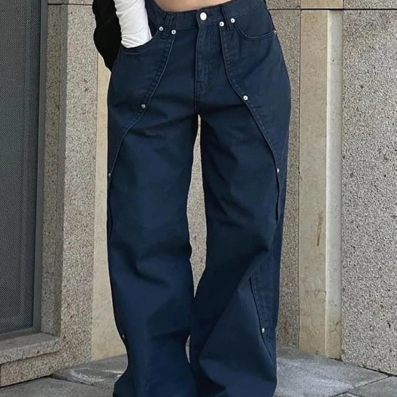 Jeans for Woman Y2k Clothes Relaxed Loose Fit Wide Leg Trousers Vintage American Retro Style with Rivet Patchwork Split 260120