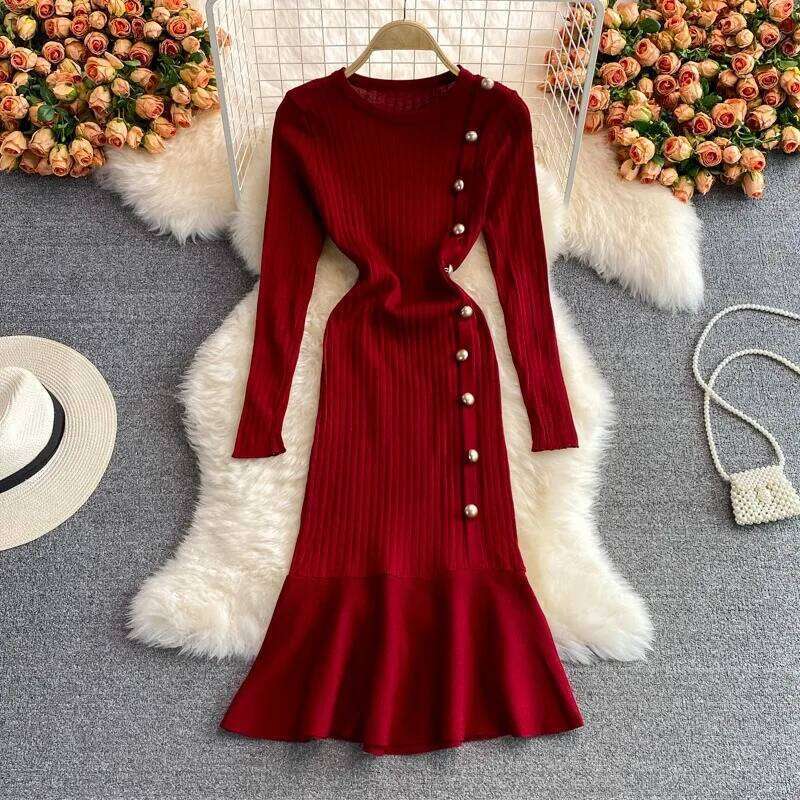 YuooMuoo Brand Fashion Long Sleeve Knitted Mermaid 2025 New Elegant Buttons Rib Sweater Dress Lady Bodycon Party Vestidos XJ260131