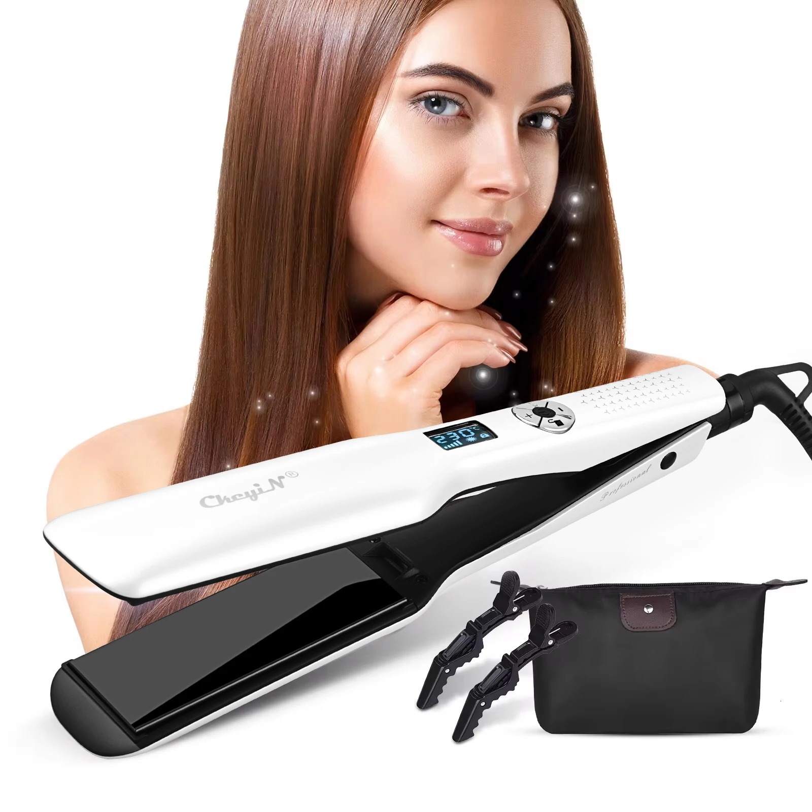 CkeyiN 44mm Tourmaline Ceramic Hair Straightener LCD Display Fast Heating Flat Iron Adjustable Temperature Straightening 260122
