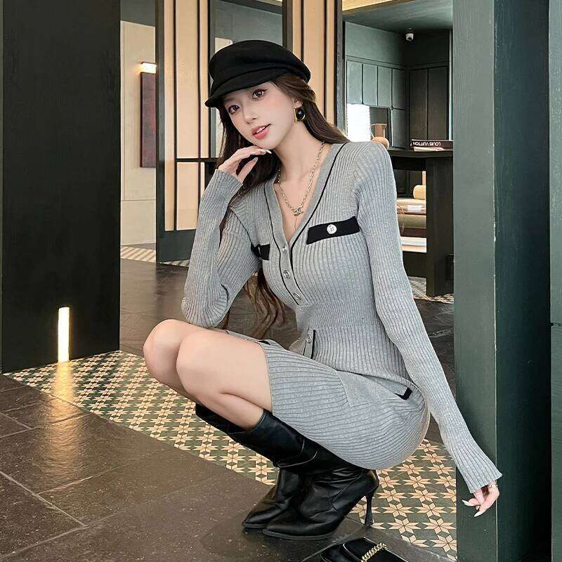 Korean Autumn Winter Grey Patchwork V Neck Elegant Short Women Button Long Sleeve Holiday Wrap Hip Knitted Mini Dress 2025 XJ260131