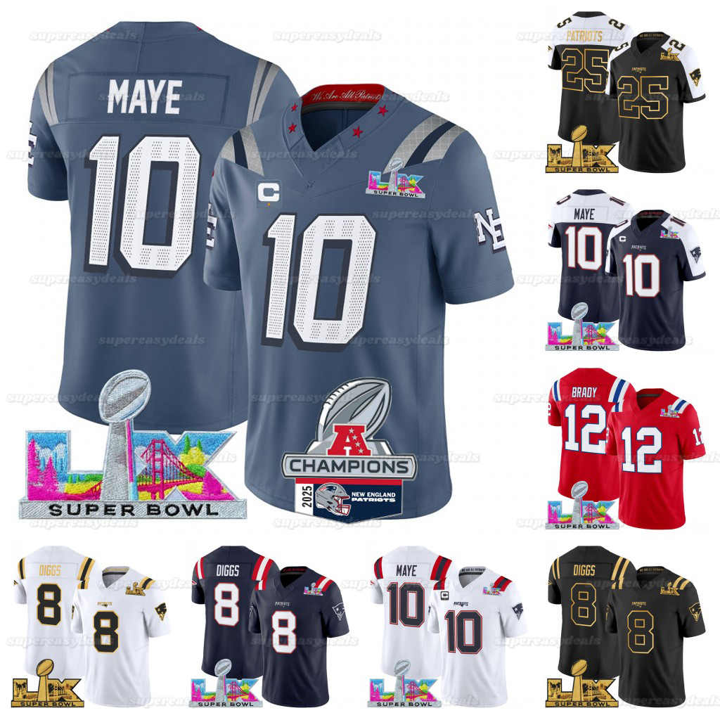 10 Drake Maye patriotses 2026 Super Bowl Football Jersey Gonzalez TreVeyon Henderson Campbell Patriotes Vrabel Stefon Diggs Douglas Tom Brady Boutte New Englands