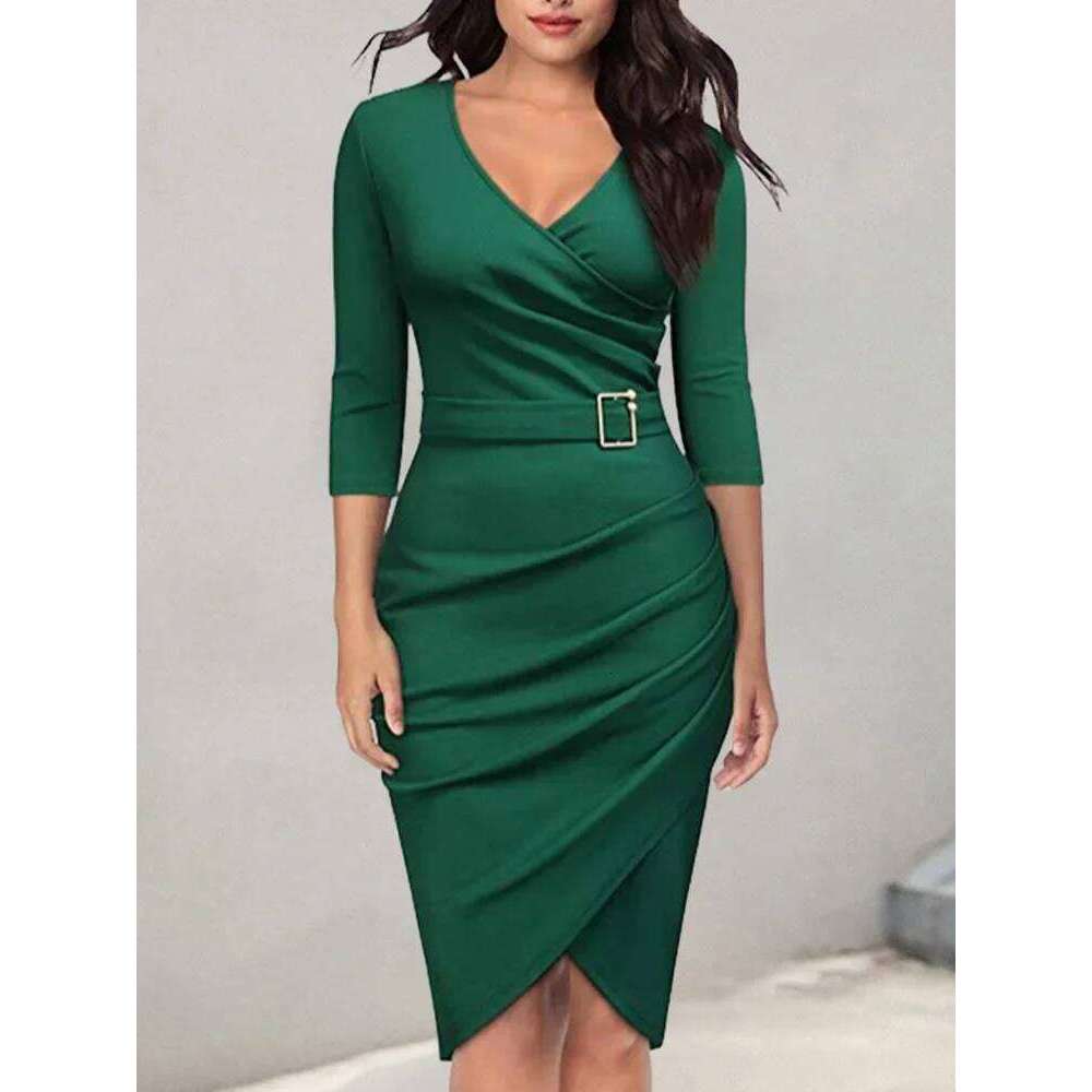 Elegant Fall Bodycon Short Dress Women Long Sleeve V Neck Slim Fit Work Robe Female OL Lady Solid Everyday Dresses XJ260131