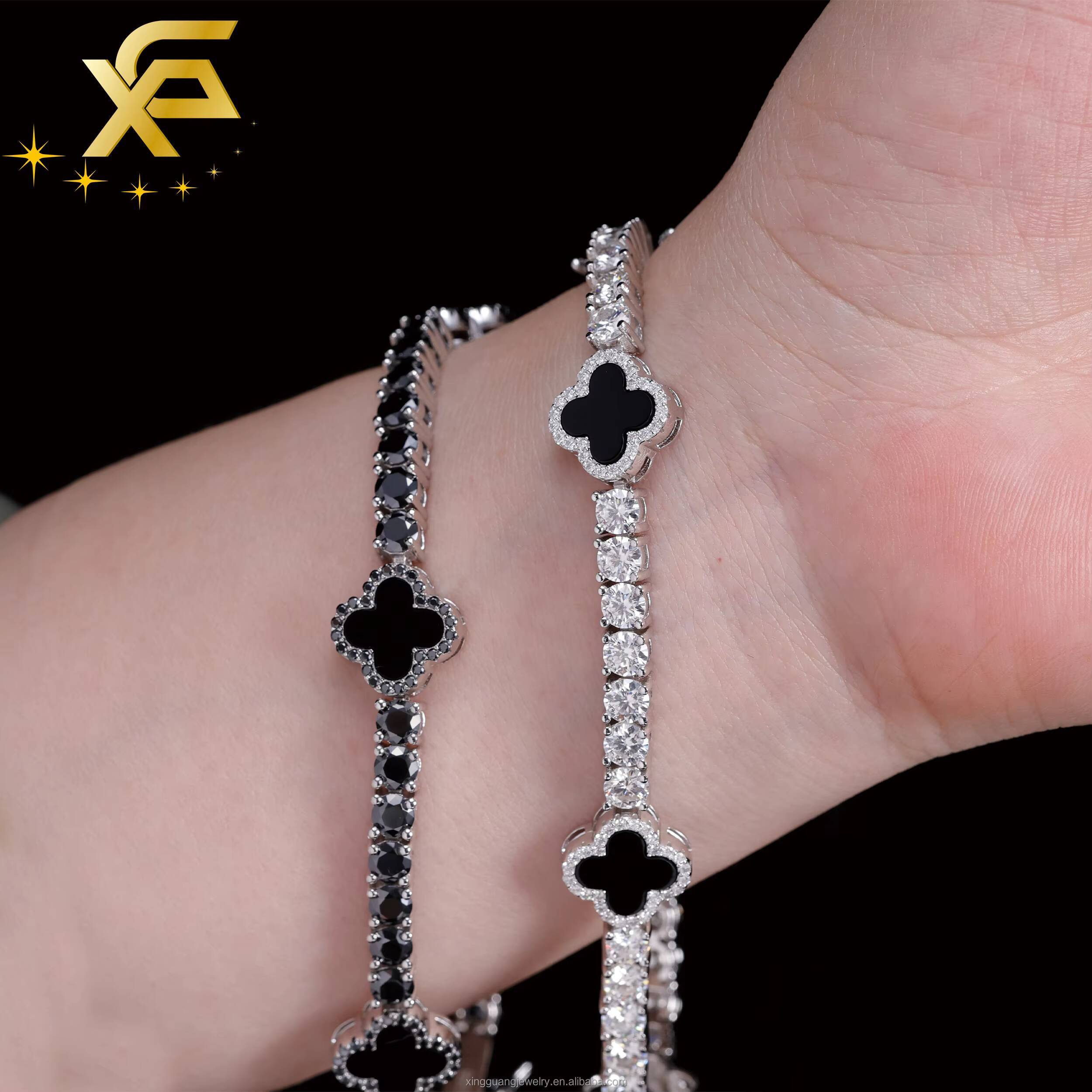 Black Color Moissanite Four Leaf Clover Bracelet S925 Silver 3mm-5mm VVS Moissanite Clover Tennis Bracelet For Women