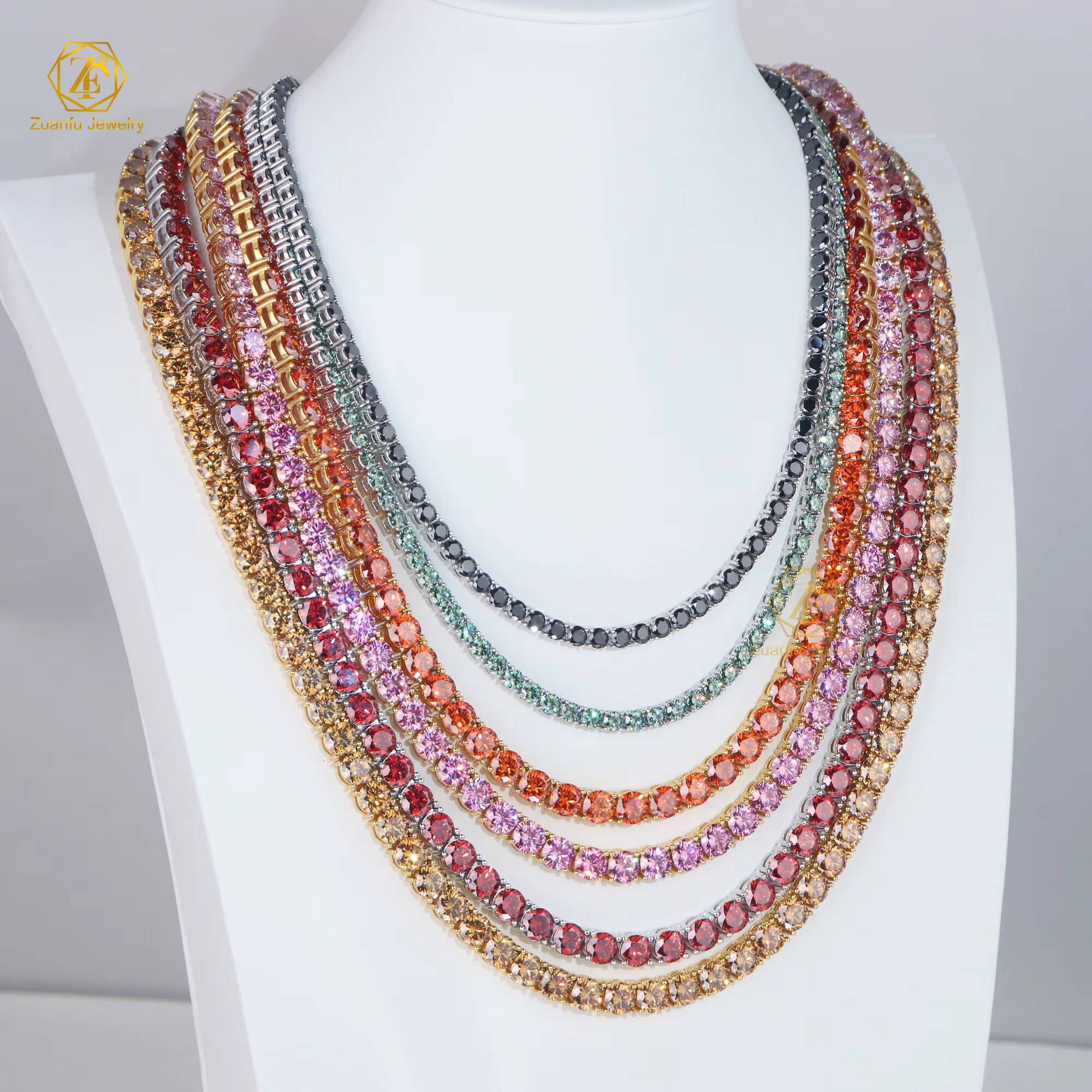 Factory Price 925 Sterling Silver Tennis Chain 65MM Moissanite Necklace in Champagne Yellow Pink Red Black Blue-Green Colors