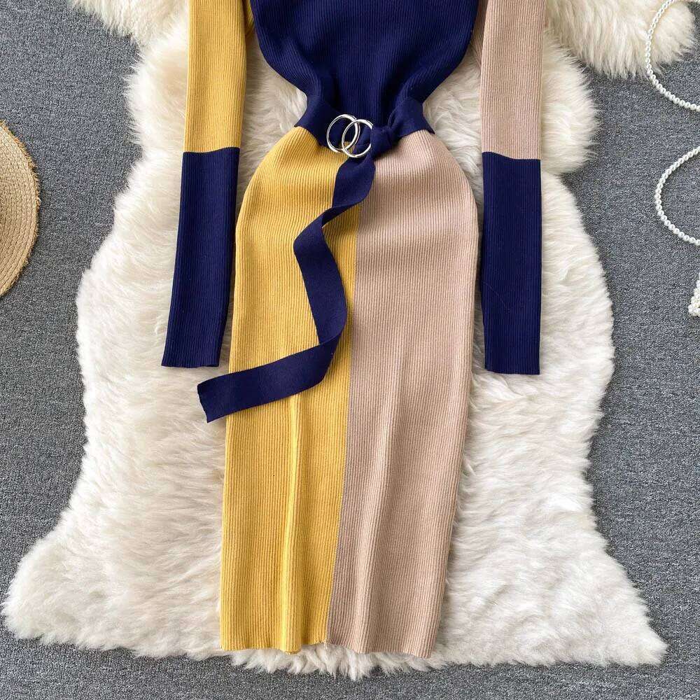 YuooMuoo Women 2025 Autumn Winter Color Patchwork Long Sleeve Knitted Sweater Dress with Belt Lady Bodycon Party Dresses XJ260131