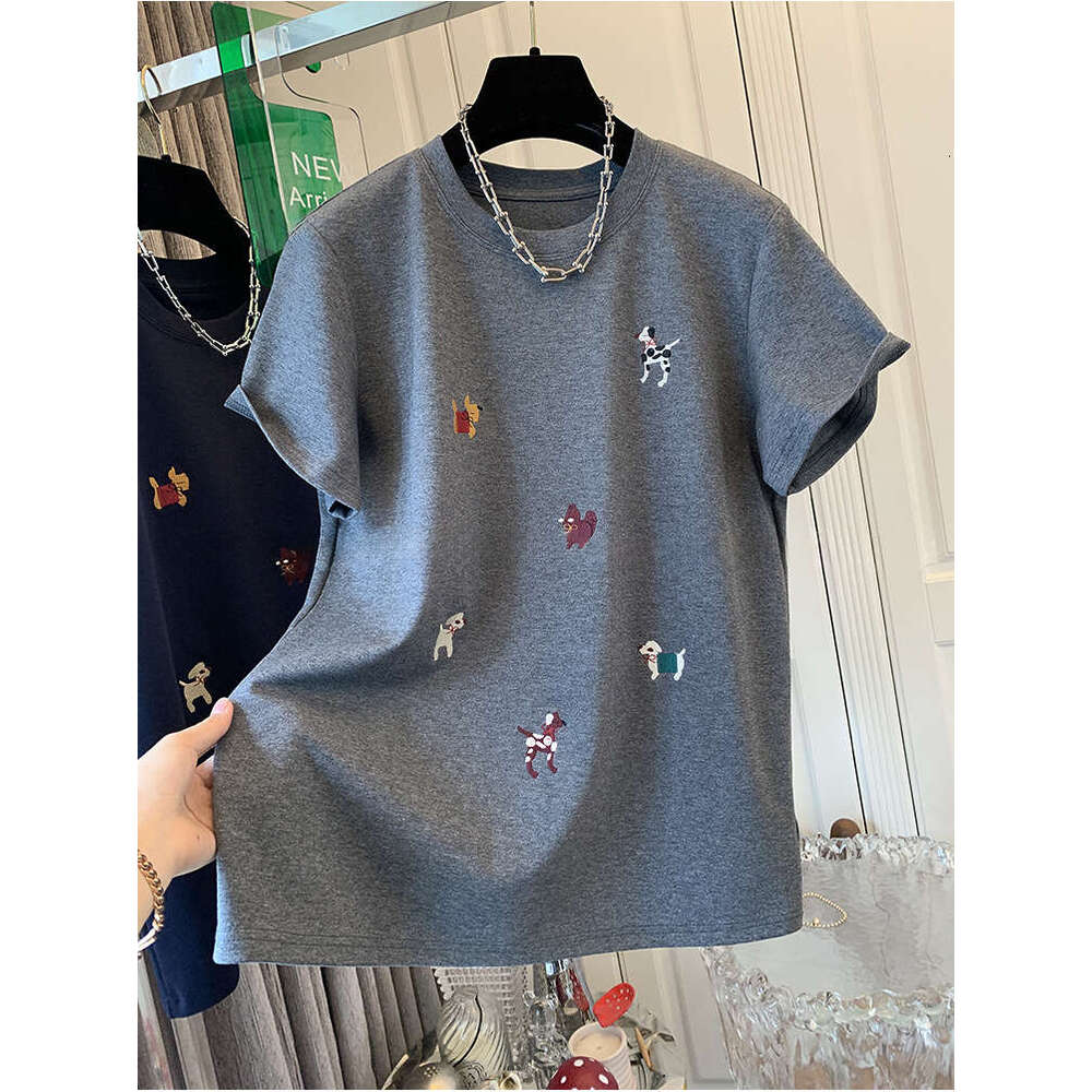 European Goods 150Kg Extra Large Embroidered Cartoon Brushed Cotton Short Sleeve T-Shirt Base Shirt For Women Spring And Autumn Loose Versatile Top