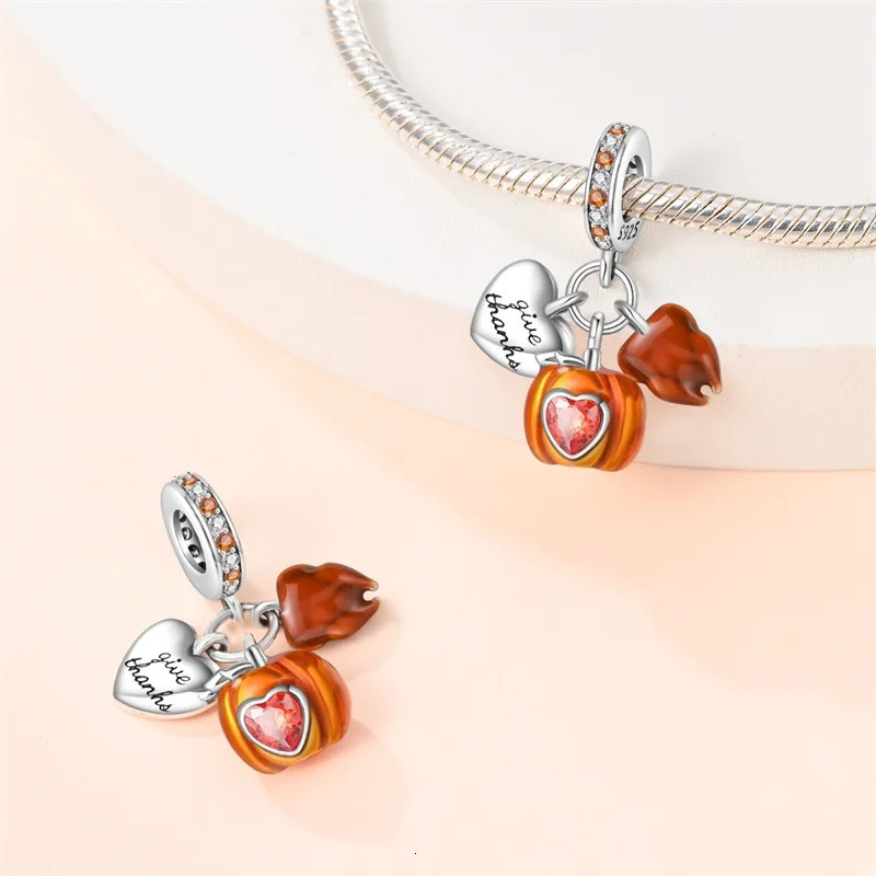 925 Sterling Silver Golden Autumn Series Charms Beads Scarecrow Pumpkin Maple Leaf Charms For Women Fine DIY Jewelry 260124