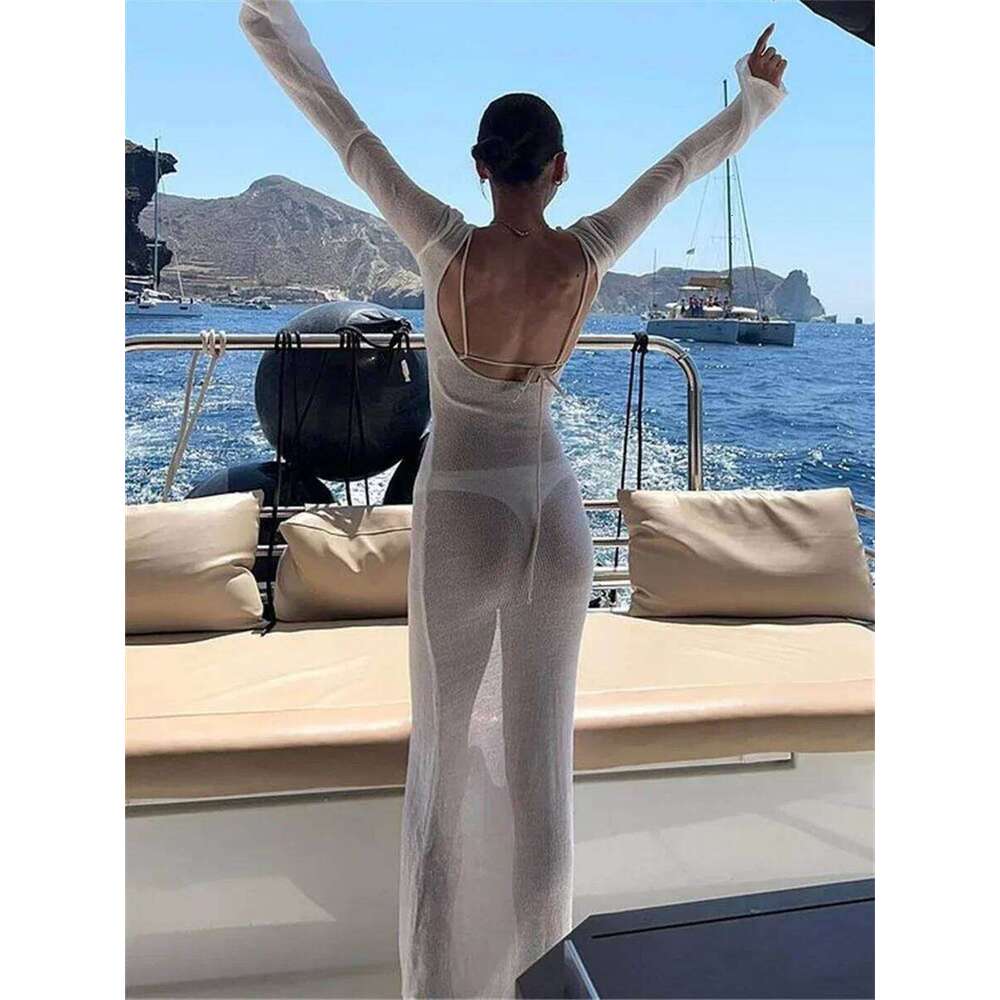 Women Summer Mesh Wrapped Sleeve Round Neck See Through Sunscreen Solid Color Backless Beach Long Dress XJ260131