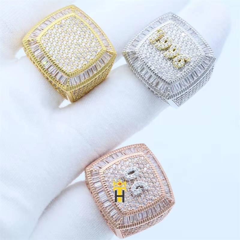 Hip Hop Bling Nano vvs moissanite Micro Pave Silver Diamond Ring Men baguette Rings 925 Silver Championship Ring