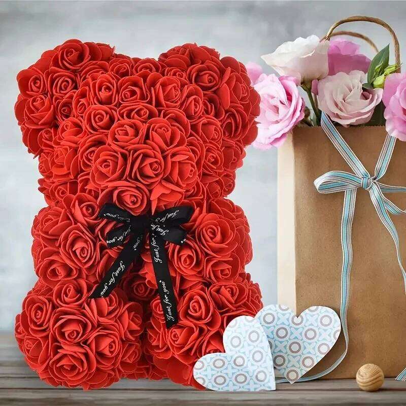 Valentines Rose Gifts Her, Red Artificial Flowers Bear With RoseBouquet Romantic For Wife Girlfriend,Birthday, Wedding Y260131