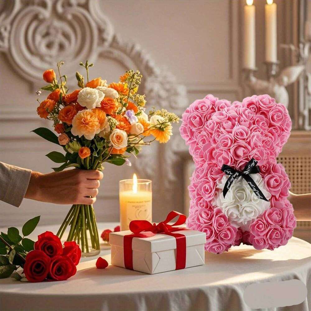 Day Gifts Her, Teddy Bear - 9.2 Inch Artificial Rose Flower Bear, Gift for Valentine's Day. Y260131