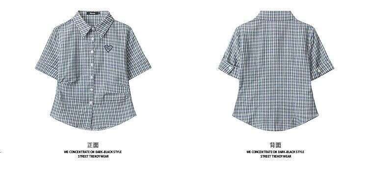 American Retro Heart Embroidery Plaid Shirt For Women, Summer Irregular Pleated Waist Slimming Blue Short Sleeve Top