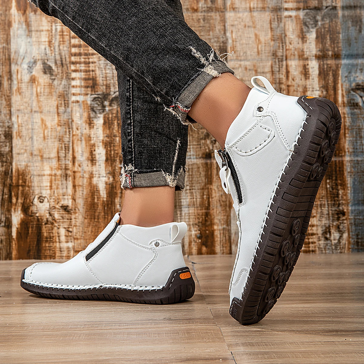 Classic Handmade Leather Mens Shoes with Zipper Outdoor Sneakers Casual Flat Shoes Men Work Shoes Ankle Boots 260126