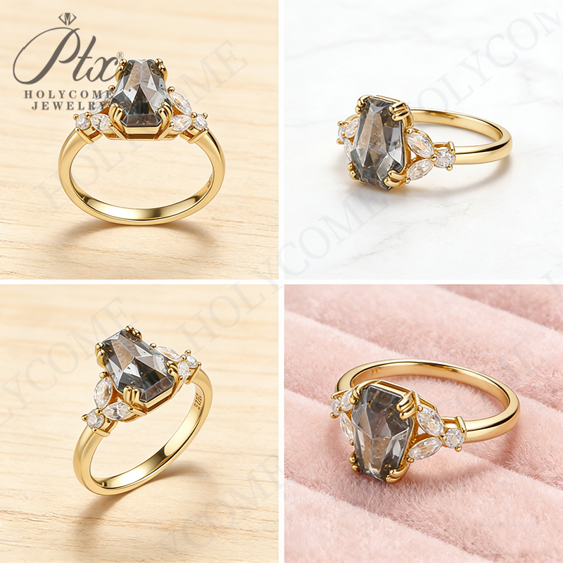 Customize Ring Salt and Pepper Moissanite Diamond Kite Pear Coffin Hexagon Half Moon Cut 925 Silver Wedding Vintage Jewelry