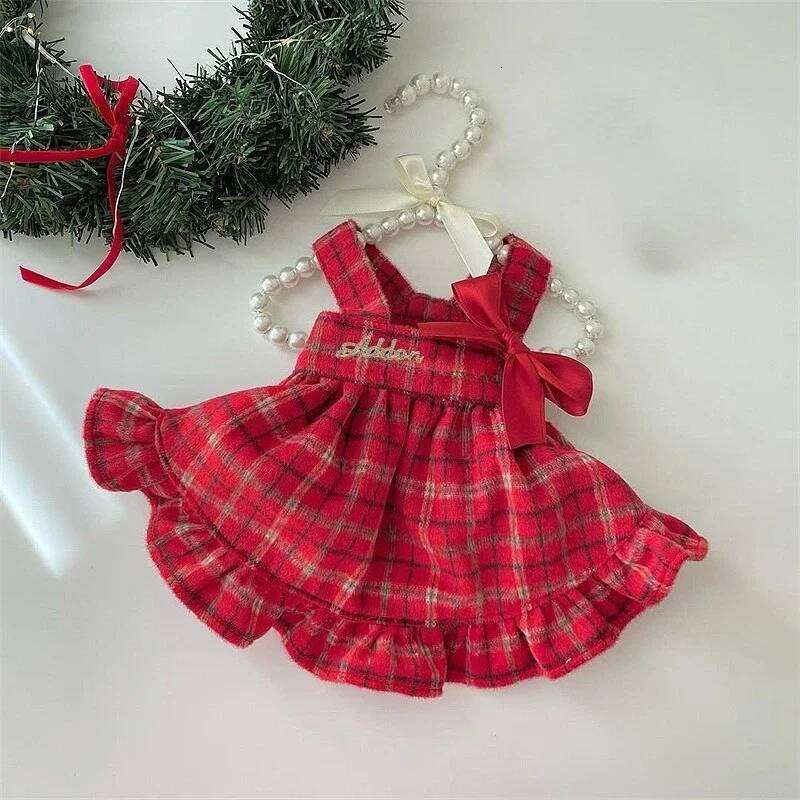 Pet Christmas Clothes Winter Puppy Dresses Embroidered Strap Checkered Bow Skirt Birthday New Year Small Medium Dog Coat H260130