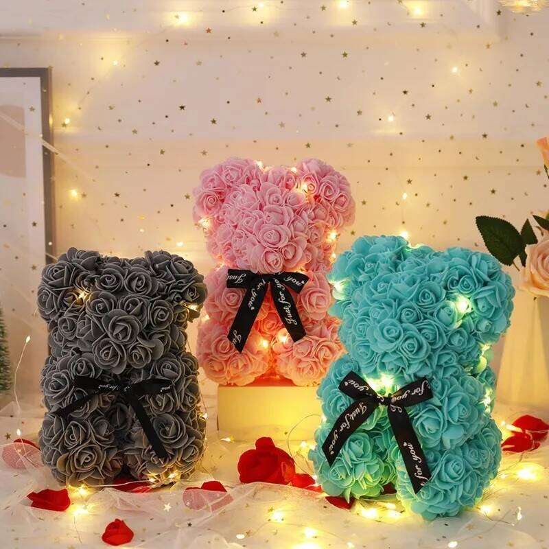 Romantic Valentine's Day Rose Eternal Flower Bear with LED Light, Wedding Home Decor, Christmas Proposal Gift, Y260131