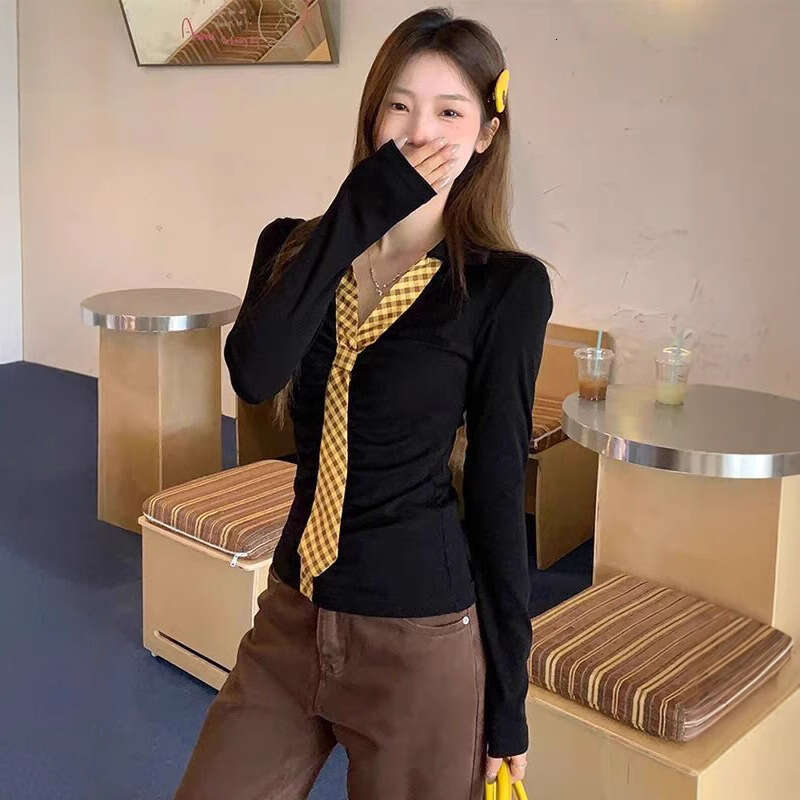 Black Polo Collar Inner Layer Base Shirt For Women Autumn Korean Style Slim Fit Slimming Design Long Sleeve T-Shirt Top