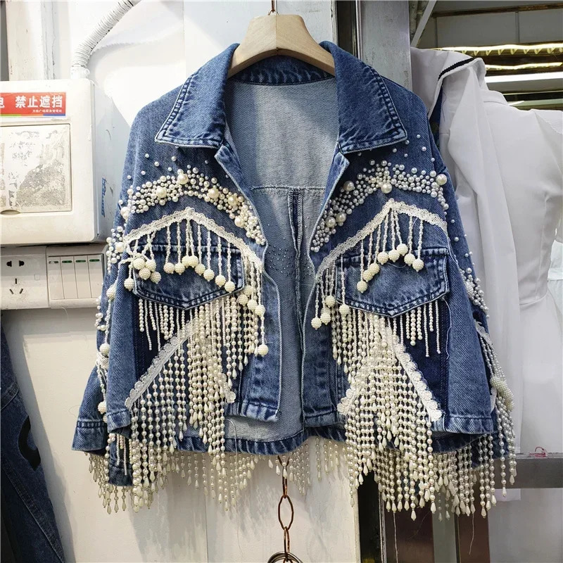Vintage Blue Heavy Work Beading Tassels Denim Jacket Women Cowboy Outerwear Loose Short Three Quarter Sleeve Jeans Female 260120
