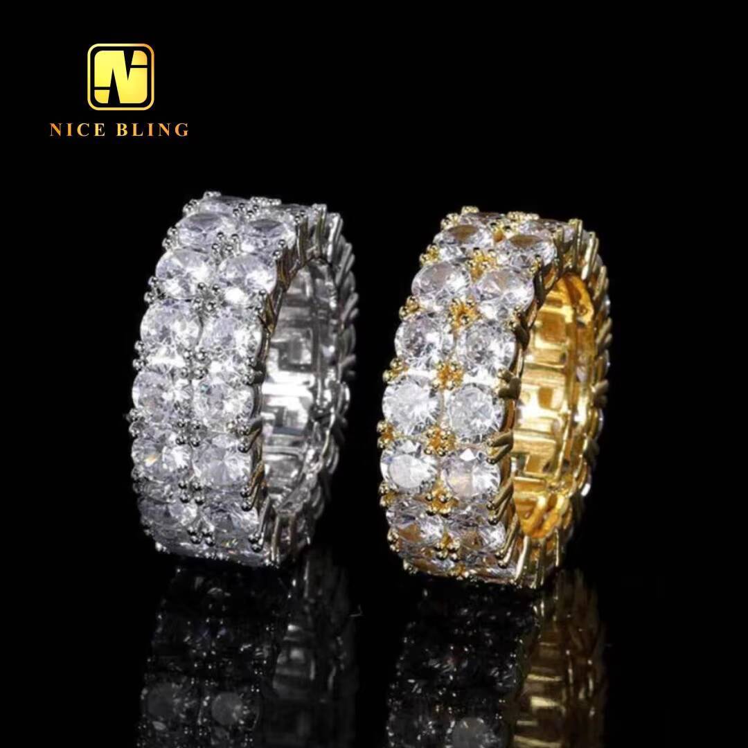 Wholesale Fashion Hiphop Rings 925 Silver Moissanite Diamond Tennis Rings 3mm Double Rows Engagement Wedding Band for Men Women