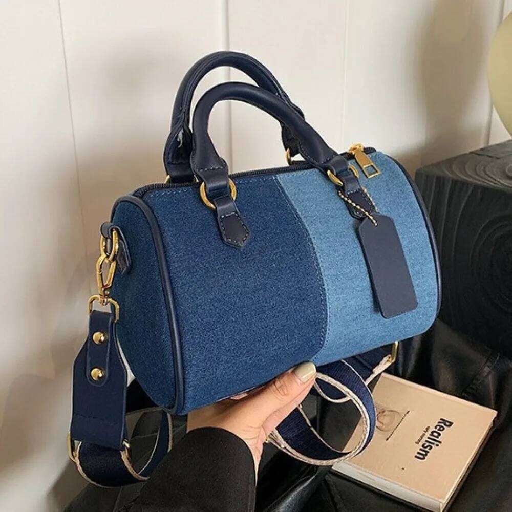 Patchwork Colorblock Mini Handbags For Women Denim Shoulder Cross Body Bags Casual Street Small Boston Bag 2025 Designer Purses