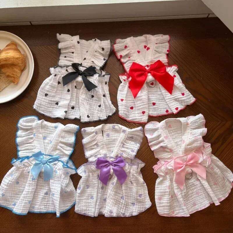 Summer Clothes Heart Print Bow Chi Summhuahua Puppy Sweet Skirt Cotton Dress for Girl Dog Cat Princess Pet Costume H260130
