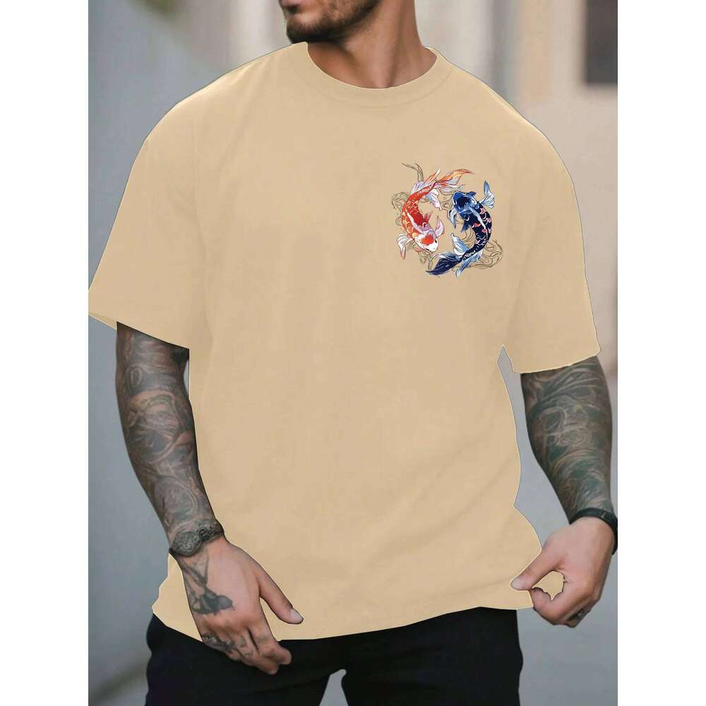 Koi Printed Pattern T-shirt Loose and Comfortable Pure Cotton Round Neck Short Sleeve Fashion Casual Trend Men's Clothing C260131