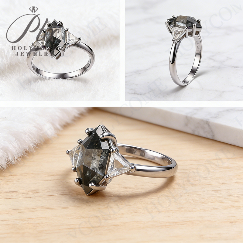 Elongated Hexagon Cut D Color Gray Moissanite Diamond Engagement 925 Sterling Silver Rings for Women Jewelry Wholesale