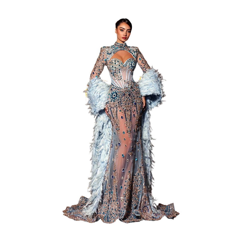 Luxury Evening Dresses Crystal Beading Strapless Prom Dress Jacket Feather Shawl See Through Mermaid Party Gowns Vestidos De Noche Plus Size