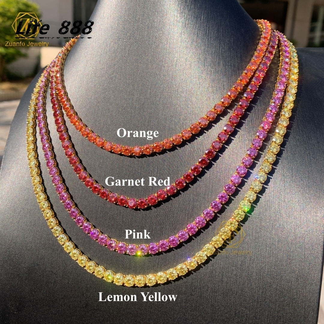 Factory Price 925 Sterling Silver Tennis Chain 65MM Moissanite Necklace in Champagne Yellow Pink Red Black Blue-Green Colors