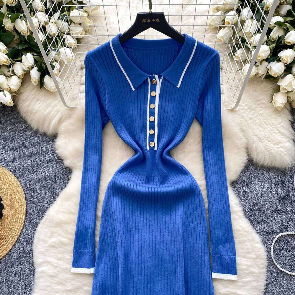 YuooMuoo 2025 Autumn Winter Women Knitted Long Vintage Turn-down Collar Buttons Ribbed Shirt Sweater Dress Lady Vestidos XJ260131