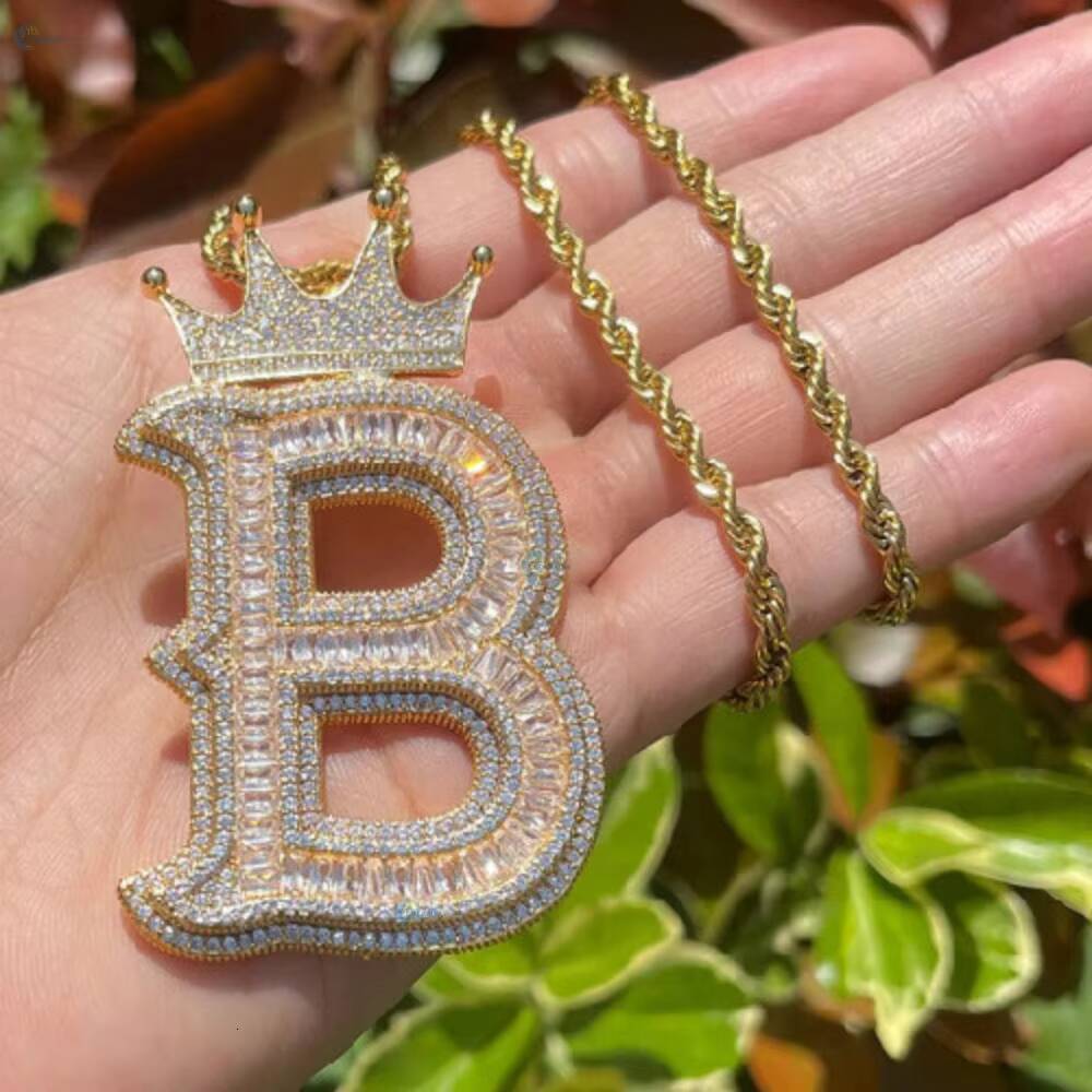 Personalized Letter With Crown Pendant Baguette Cut VVS Moissanite Iced Custom Hip Hop Pendant