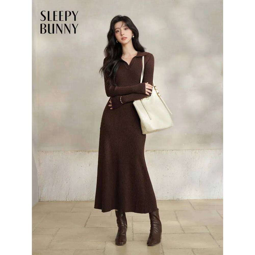 Elegant Ribbed Knit Long with V Neck for Women Chic Slim Fit Maxi Sweater Dress Casual Early Spring Commuter Lady Look XJ260131